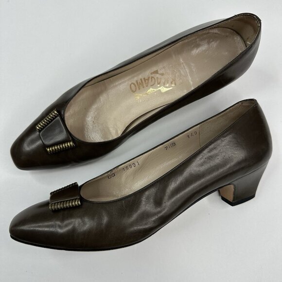 Salvatore Ferragamo Women’s Brown Canora Designer‎ Leather Pump US 7.5 B - Picture 1 of 16
